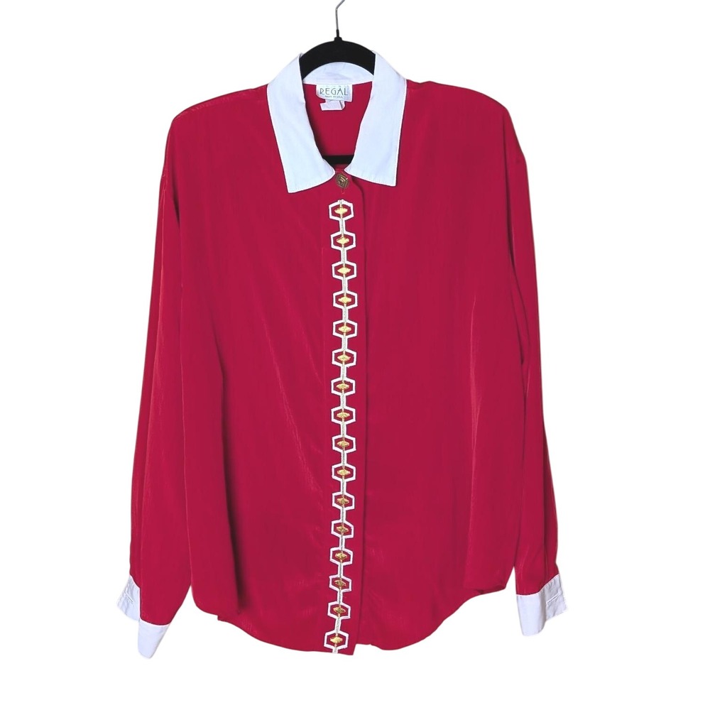 Vintage 80s Red Statement Blouse Sz‎ M Bold Contrast Collar Preppy Holiday Party